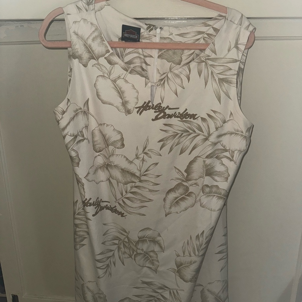Vintage Harley Davidson Pinup cream dress with light palm tree design. 100% SILK
